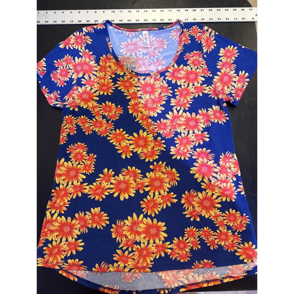 LuLaRoe Women’s L Small High Low Tee T Shirt Blue Orange Yellow Floral Daisies